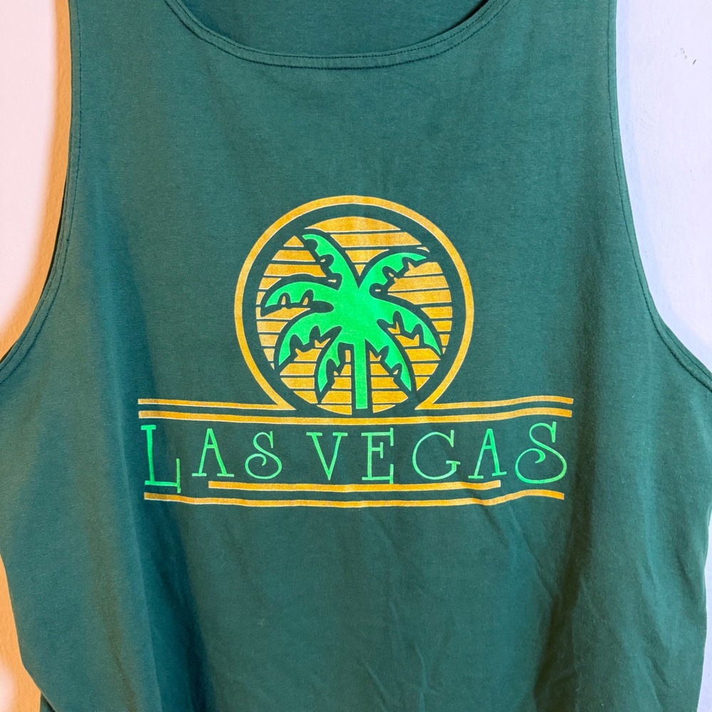 Vintage Las Vegas Palm Tree Graphic Tank Top Forest Green Mens XL Boxy Fit - Picture 2 of 6